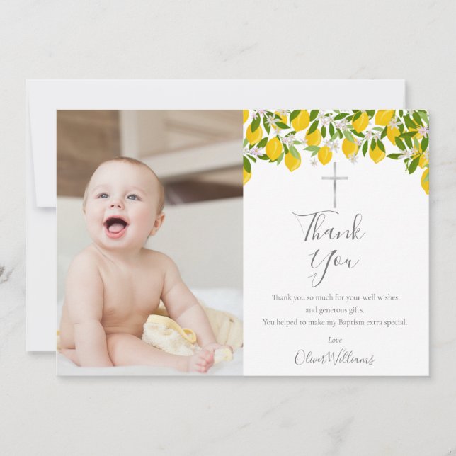 Tarjeta De Agradecimiento Baptism Christening Lemons Silver Cross Photo (Anverso)