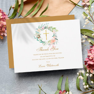 Tarjeta De Agradecimiento Baptism Christening Roses Floral Garland Gold