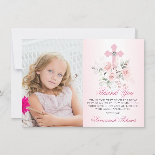 Tarjeta De Agradecimiento Baptism Communion Confirmation Girl Floral PHOTO (Anverso)