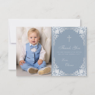 Tarjeta De Agradecimiento Baptism Dusty Blue Vintage Elegage Photo