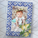 Tarjeta De Agradecimiento Baptism For Her Mediterranean Tiles Lemons Flowers<br><div class="desc">Composed of serif typography. All against a backdrop of blue and white Mediterranean tiles with greenery foliage,  lemons and wild floral flowers. 

This is designed by Select Party Supplies,  exclusive for Zazzle.

Available here:
http://www.zazzle.com/selectpartysupplies</div>