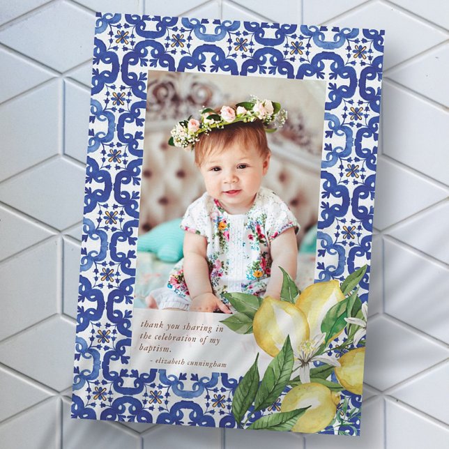Tarjeta De Agradecimiento Baptism For Her Mediterranean Tiles Lemons Flowers (Subido por el creador)