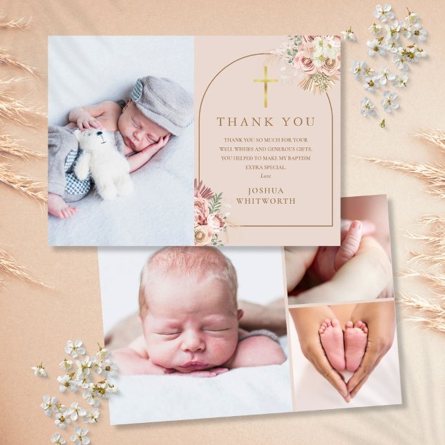 Tarjeta De Agradecimiento Baptism Gold Pampas Grass Collage de fotos (Baptism Gold Pampas Grass Photo Collage Thank You Card)
