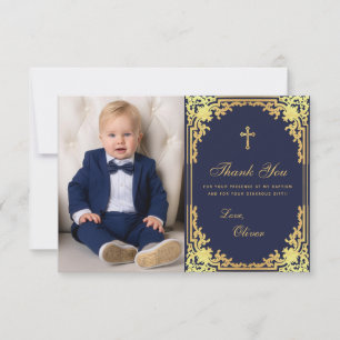 Tarjeta De Agradecimiento Baptism Navy Blue Gold Vintage Elegant Boy Photo