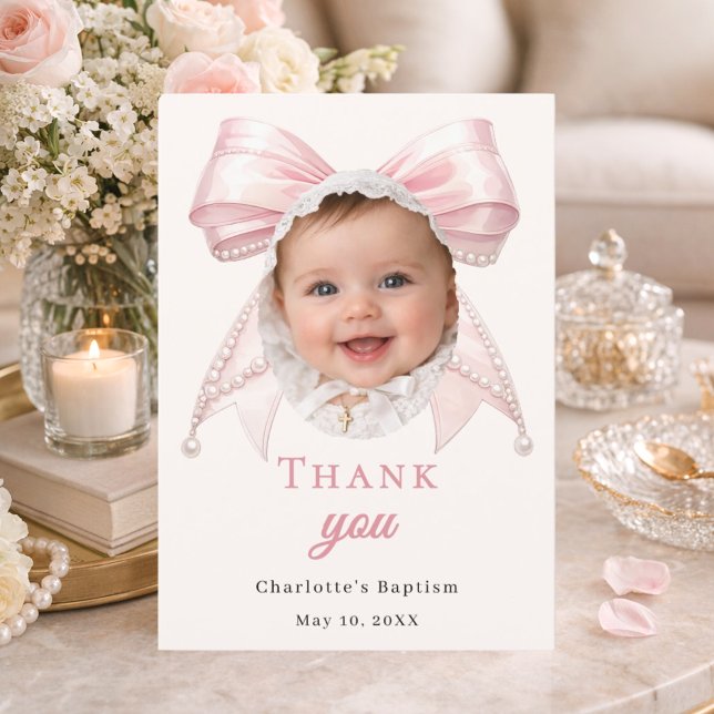 Tarjeta De Agradecimiento Baptism pink bow photo ivory pearls girl (Subido por el creador)