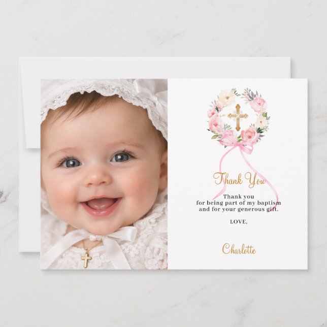Tarjeta De Agradecimiento Baptism pink florals wreath bow photo girl (Anverso)