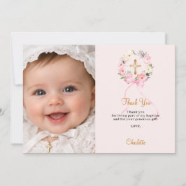 Tarjeta De Agradecimiento Baptism pink florals wreath bow photo girl