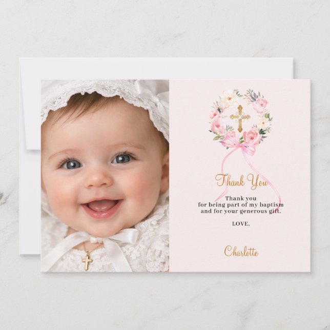 Tarjeta De Agradecimiento Baptism pink florals wreath bow photo girl (Anverso)