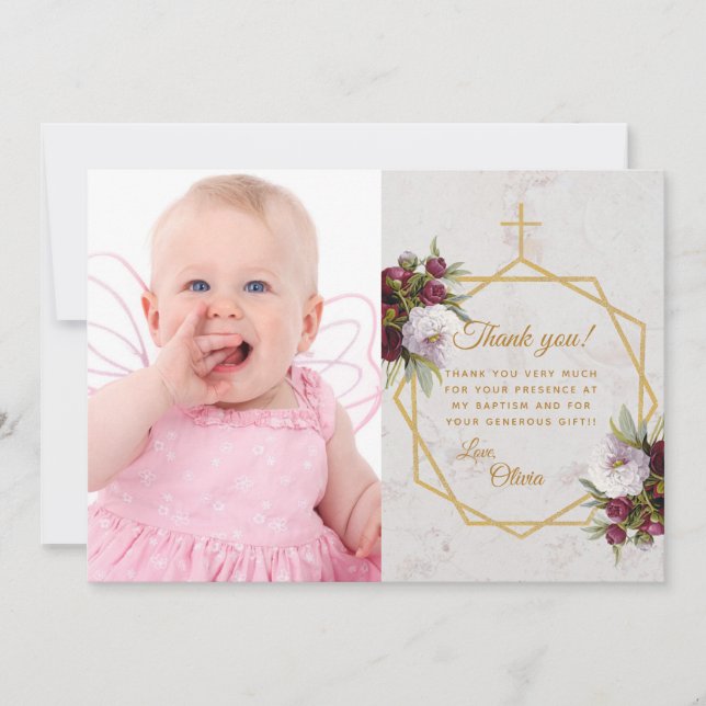 Tarjeta De Agradecimiento Baptismo chica Burgundy Peonies Cruz de Oro Mármol (Anverso)