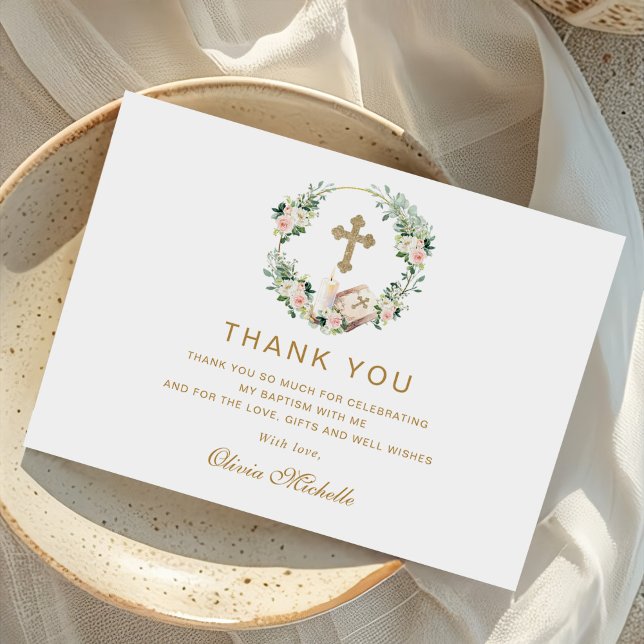 Tarjeta De Agradecimiento Baptismo chica Christening Floral Photo (Subido por el creador)