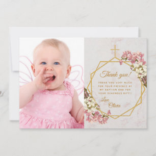 Tarjeta De Agradecimiento Baptismo chica Cruz de Oro Mármol Pink Orquídeas B