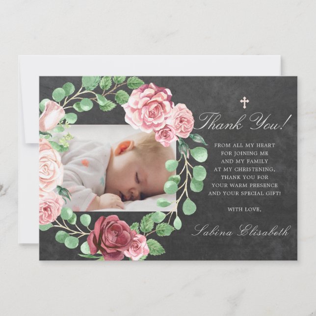 Tarjeta De Agradecimiento Baptismo Christening Baby Garden Floral Photo (Anverso)