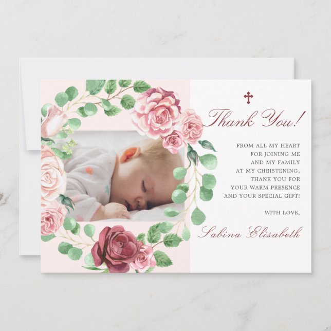 Tarjeta De Agradecimiento Baptismo Christening Baby Garden Floral Photo (Anverso)