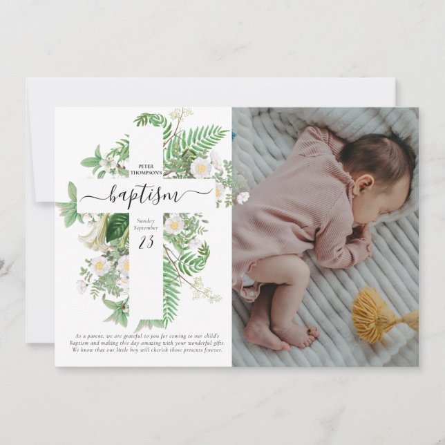 Tarjeta De Agradecimiento Baptismo Christening Cross Greenery Personalizado  (Anverso)