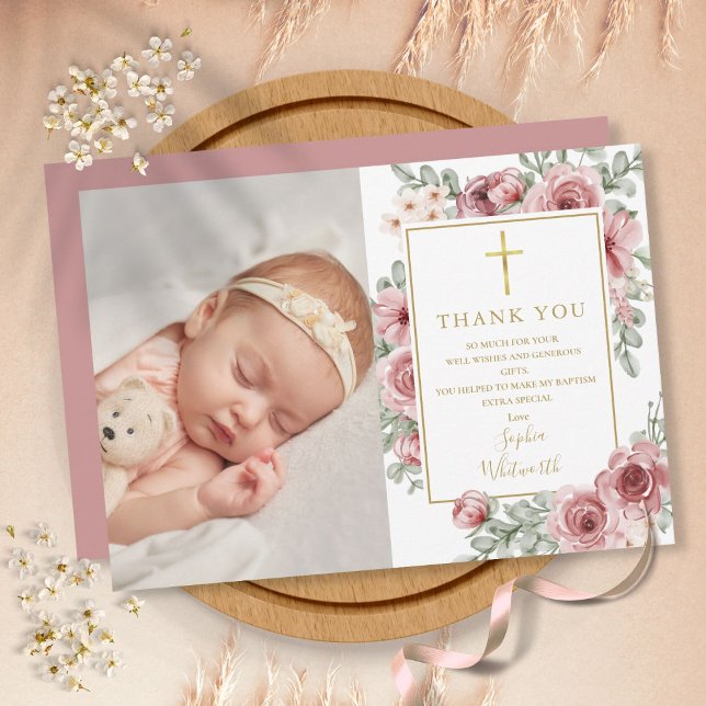 Tarjeta De Agradecimiento Baptismo Christening Dusty Rosa Floral Photo (Subido por el creador)