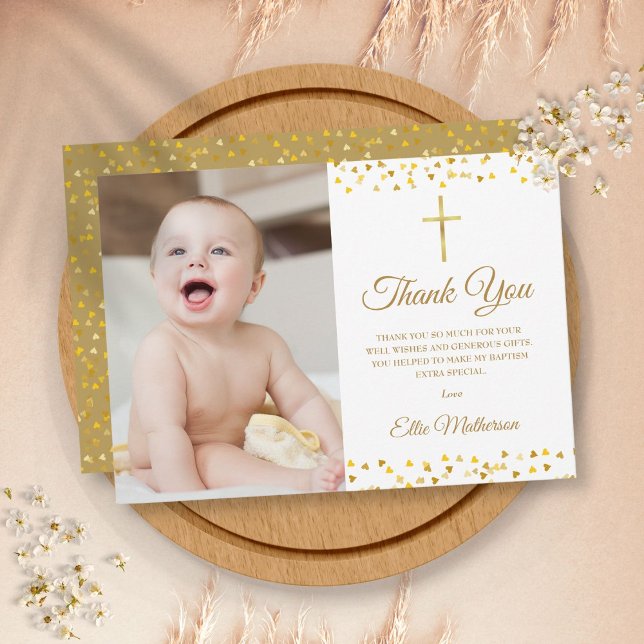 Tarjeta De Agradecimiento Baptismo Christening Elegant Golden Hearts Photo (Subido por el creador)