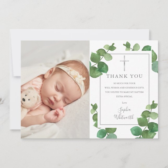 Tarjeta De Agradecimiento Baptismo Christening Eucalyptus Greeneration Photo (Anverso)