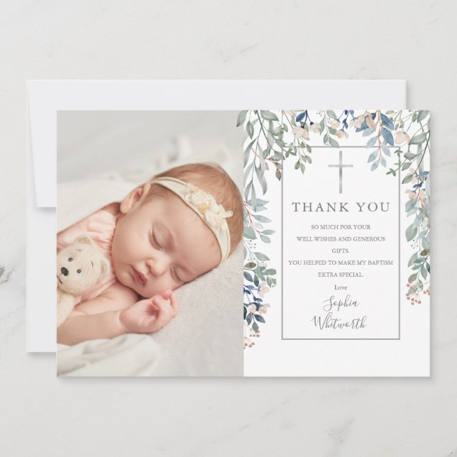 Tarjeta De Agradecimiento Baptismo Christening Floral Foliage Foto (Anverso)