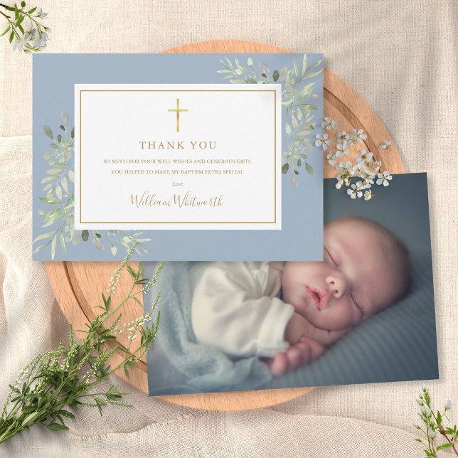 Tarjeta De Agradecimiento Baptismo Christening Foliage Dusty Blue Photo (Subido por el creador)