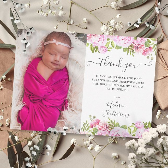 Tarjeta De Agradecimiento Baptismo Christening Foto Floral Rosa Rosa (Baptism Christening Photo Pink Rose Floral Thank You Card)