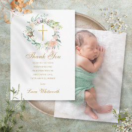 Tarjeta De Agradecimiento Baptismo Christening Foto Rosas Floral Gold