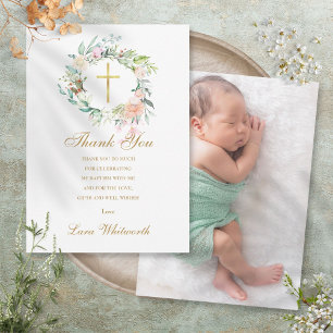 Tarjeta De Agradecimiento Baptismo Christening Foto Rosas Floral Gold