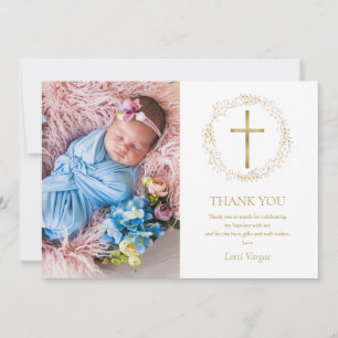 Tarjeta De Agradecimiento Baptismo Christening Gold Floral Garland Photo