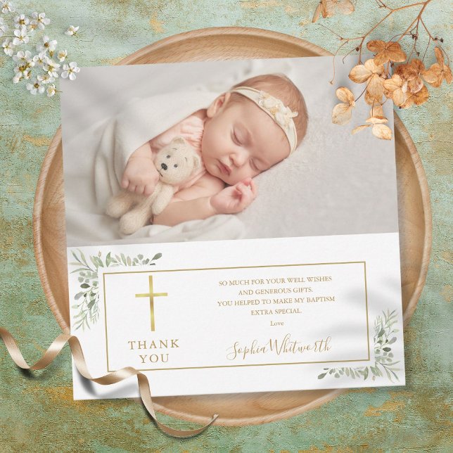 Tarjeta De Agradecimiento Baptismo Christening Green Photo (Baptism Christening Greenery Photo Thank You Card)