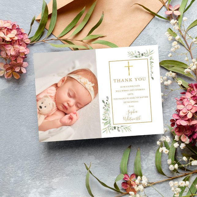 Tarjeta De Agradecimiento Baptismo Christening Green Photo (Subido por el creador)