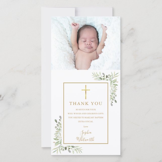 Tarjeta De Agradecimiento Baptismo Christening Green Photo (Anverso)