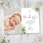 Tarjeta De Agradecimiento Baptismo Christening Green Photo Script<br><div class="desc">Una tarjeta de agradecimiento de bautismo elegante o de bautizo. Personaliza con tu foto y bautismo especial,  un mensaje de agradecimiento encantador en la letra de moda de este moderno diseño floral de vegetación. Diseñado por Thisisnotme©</div>