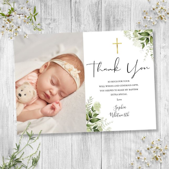 Tarjeta De Agradecimiento Baptismo Christening Green Photo Script (Baptism Christening Greenery Photo Script Thank You Card)