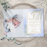 Tarjeta De Agradecimiento Baptismo Christening Greenerenery Foto color de ag<br><div class="desc">Floral de color azul color de agua de la marca del oro,  bautismo bautizando foto de agradecimiento tarjeta. Personalice con su foto y bautismo especial,  bautizando con su mensaje de agradecimiento en la elegante tipografía de oro. Diseñado por Thisisnotme©</div>