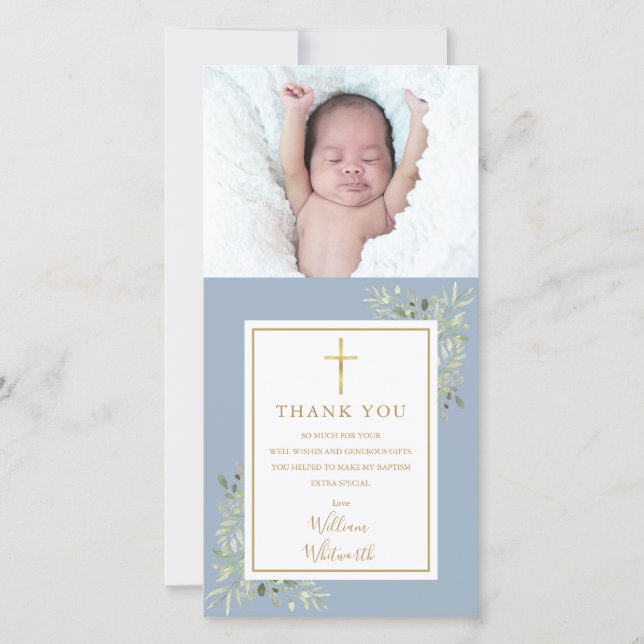 Tarjeta De Agradecimiento Baptismo Christening Greenerenery Photo Blue (Anverso)