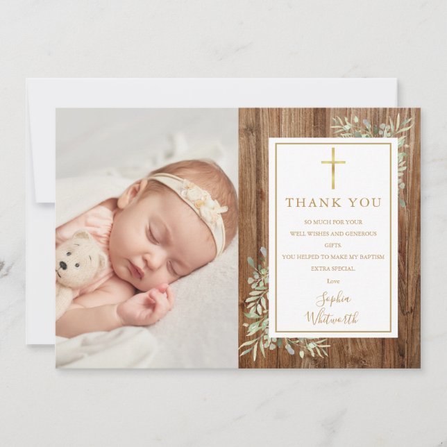 Tarjeta De Agradecimiento Baptismo Christening Greenereny Foto Rustic Wood (Anverso)