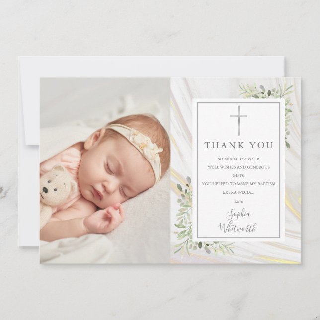 Tarjeta De Agradecimiento Baptismo Christening Greenery Marble Swirl Foto (Anverso)