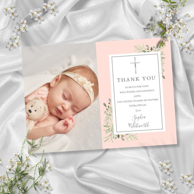 Tarjeta De Agradecimiento Baptismo Christening Greenery Rubor Pink Photo (Baptism Christening Greenery Blush Pink Photo Thank You Card)