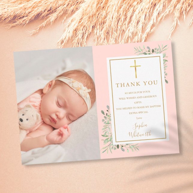 Tarjeta De Agradecimiento Baptismo Christening Greenery Rubor Pink Photo (Subido por el creador)