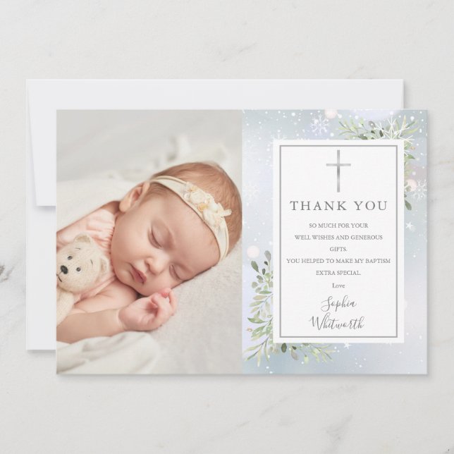 Tarjeta De Agradecimiento Baptismo Christening Greenery Winter Photo (Anverso)