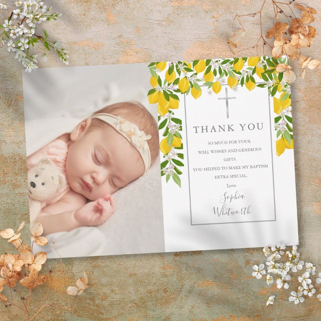 Tarjeta De Agradecimiento Baptismo Christening Lemons Blossom Green Photo (Baptism Christening Lemons Blossom Greenery Photo Thank You Card)