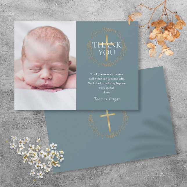 Tarjeta De Agradecimiento Baptismo Christening Moderno Gold Garland Foto (Baptism Christening Modern Gold Garland Photo Thank You Card)