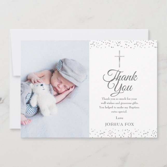 Tarjeta De Agradecimiento Baptismo, Christening Photo Modern Silver (Anverso)