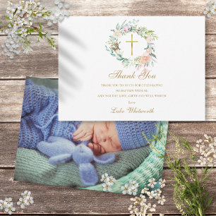 Tarjeta De Agradecimiento Baptismo Christening Rosas Floral Photo Gold