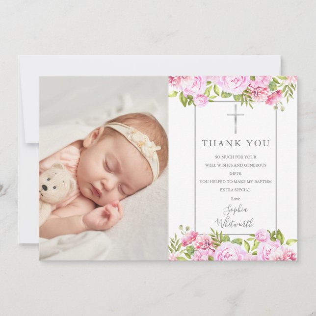 Tarjeta De Agradecimiento Baptismo Christening Rosas Foto Floral (Anverso)