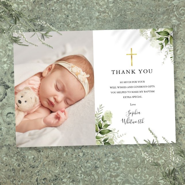 Tarjeta De Agradecimiento Baptismo Christening Rustic Greeneration Photo (Baptism Christening Rustic Greenery Photo Thank You Card)