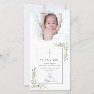 Tarjeta De Agradecimiento Baptismo Christening Silver Green Photo