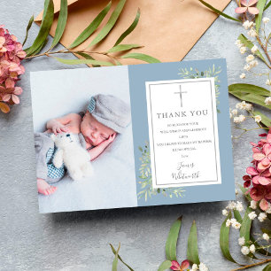 Tarjeta De Agradecimiento Baptismo Christening Silver Script Green Photo