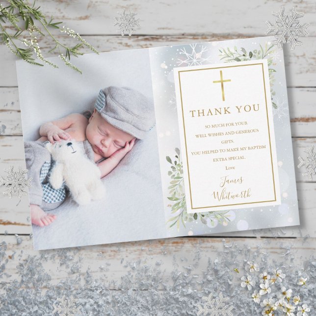 Tarjeta De Agradecimiento Baptismo Christening Winter Snowflakes Photo (Baptism Christening Winter Snowflakes Photo Thank You Card)