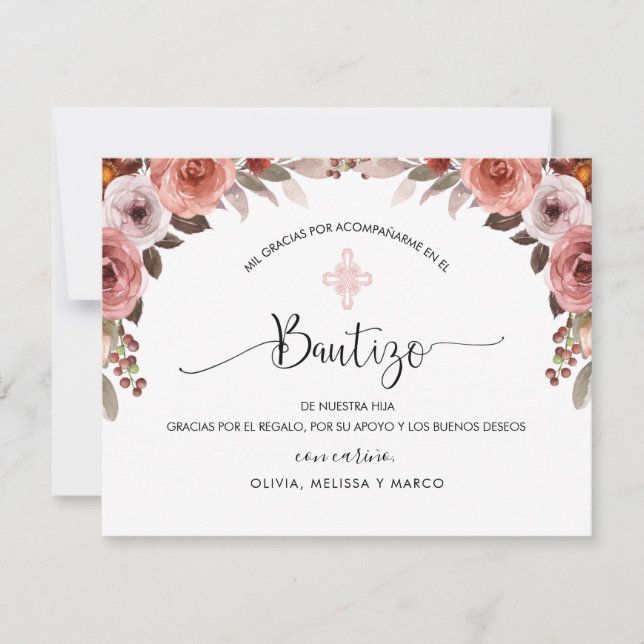 Tarjeta De Agradecimiento Baptismo de Chicas Florales Rosadas Españolas Grac (Anverso)