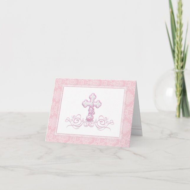 Tarjeta De Agradecimiento Baptismo de cruz rosa Christening Gracias Cartas (Anverso)